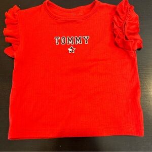 ☀️ 3/$15 Tommy Hilfiger Girl’s Ribbed Ruffle Sleeve Logo Tee Shirt Red